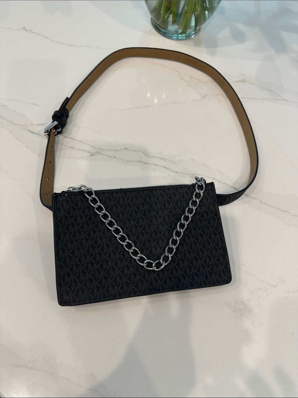 Michael Kors Black Logo Belt Bag with Silver Chain